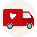 Rotes Lieferfahrzeug mit Herzsymbol auf der Seite