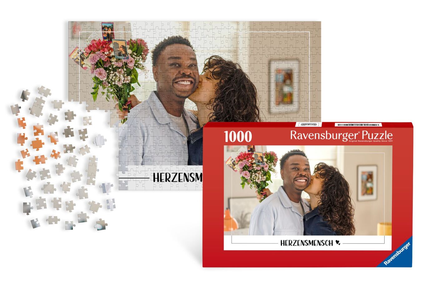 Ravensburger Fotopuzzle mit 1000 Teilen, auf dessen Verpackung ein verliebtes Paar und Blumen abgebildet sind