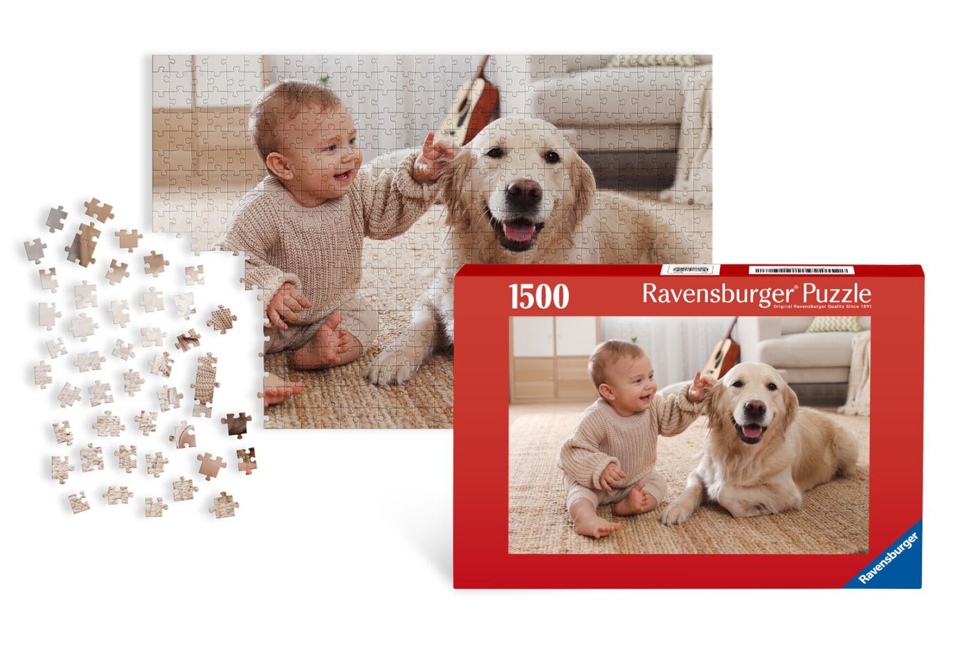 Ravensburger Fotopuzzle mit 1.500 Teilen, das ein Baby und einen Hund in einer häuslichen Umgebung zeigt
