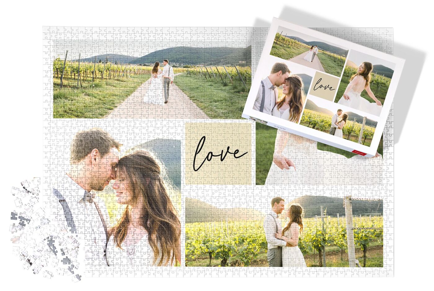 Fotopuzzle mit einer Collage aus Hochzeitsfotos in einem Weinberg und dem Schriftzug „love“ neben dem Beispielfoto.