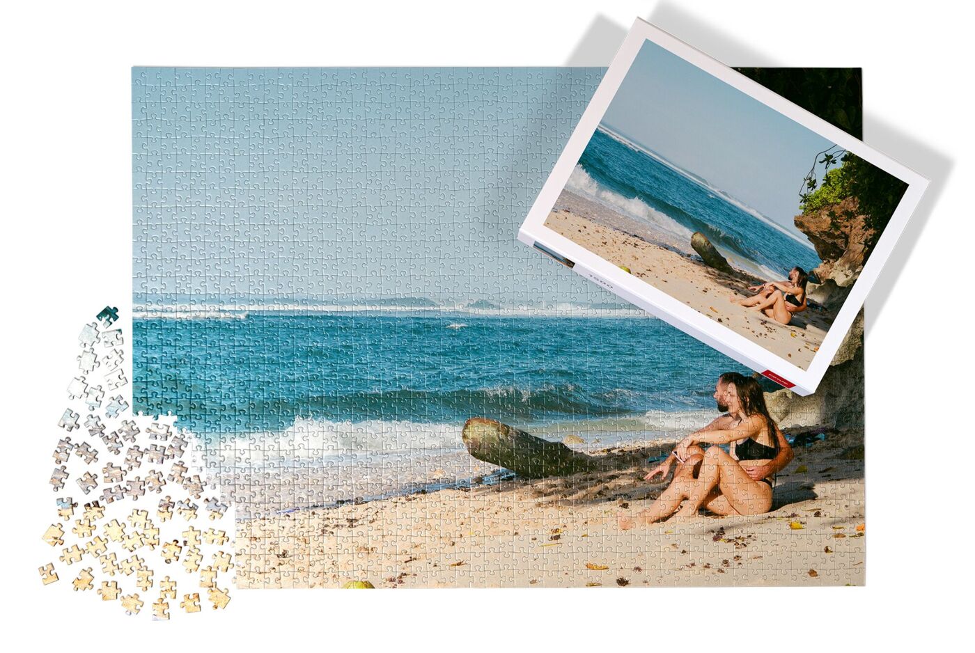 „Fotopuzzle mit dem Bild eines Paares am Strand“, neben dem Beispielfoto.
