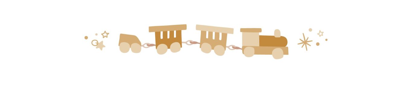  Ilusstration einer Holzlokomotive mit drei Wagen, umgeben von goldenen Sternen und Kreisen. 