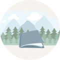 Illustration eines geschlossenen Buchs vor einer Waldlandschaft mit Bergen im Hintergrund