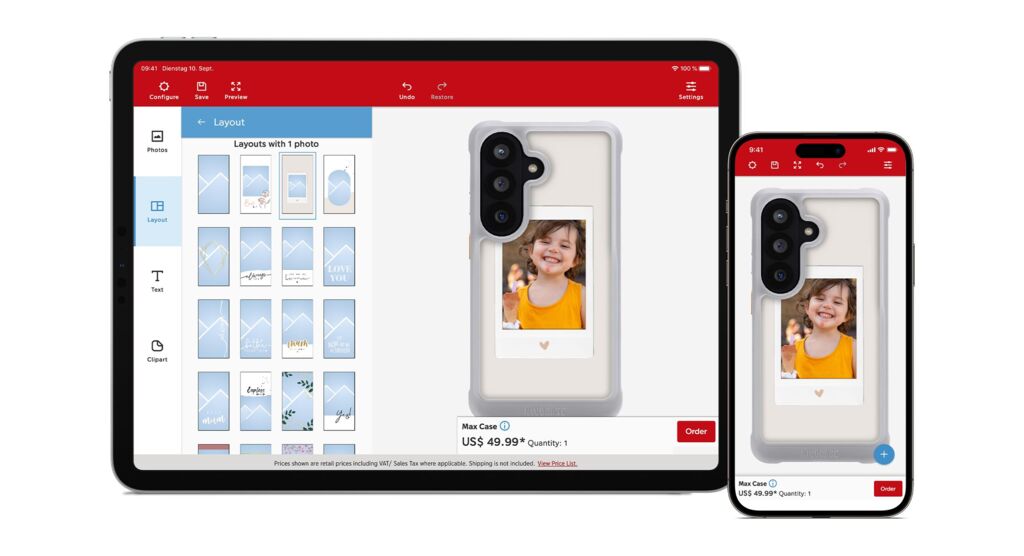 Design-Editor auf Laptop und Smartphone: Auf beiden Bildschirmen ist die Handyhüllen-Vorschau zu sehen.