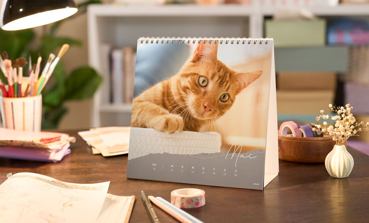 CEWE-Fotokalender auf Schreibtisch mit Foto einer orangefarbenen Katze, Monat Mai gut lesbar gestaltet