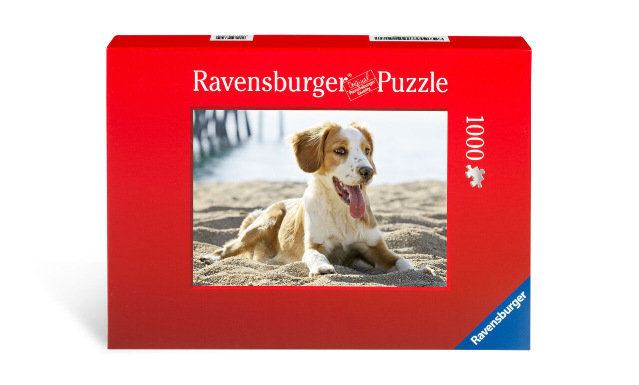 Puzzle motif featuring a happy dog at the beach.