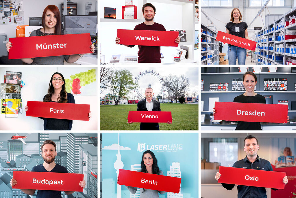 A group of people holding red signs with city names like Münster, Warwick, and Paris.