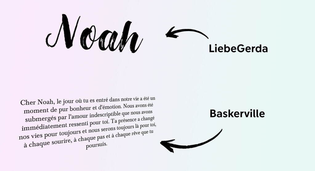 Design du prénom Noah en typographies élégantes avec des cœurs colorés et deux styles de police.