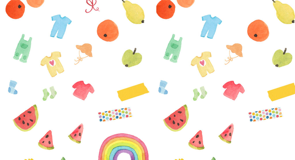 Illustrations colorées de vêtements et de fruits sur fond blanc.