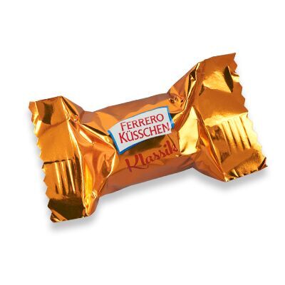 Un Ferrero Küsschen dans un papier doré, emballé avec une écriture rouge. Parfait pour un cadeau sucré.